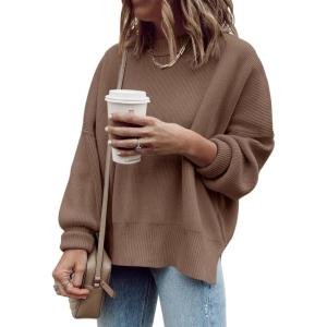 imageImily Bela Womens Oversized Tunic Sweaters Fall Slouchy Long Sleeve Ribbed Knit Side Slit Pullover JumperCoffee