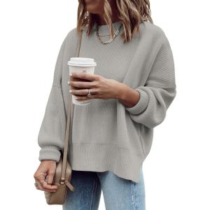 imageImily Bela Womens Oversized Tunic Sweaters Fall Slouchy Long Sleeve Ribbed Knit Side Slit Pullover JumperGrey