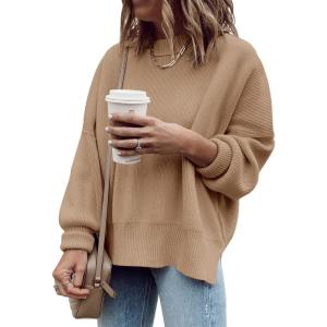 imageImily Bela Womens Oversized Tunic Sweaters Fall Slouchy Long Sleeve Ribbed Knit Side Slit Pullover JumperKhaki