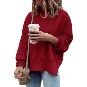 imageImily Bela Womens Oversized Tunic Sweaters Fall Slouchy Long Sleeve Ribbed Knit Side Slit Pullover JumperRed
