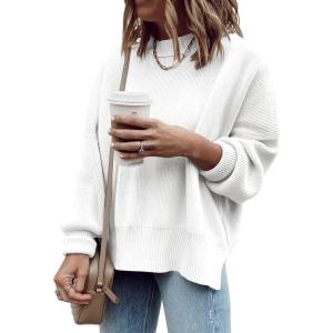 imageImily Bela Womens Oversized Tunic Sweaters Fall Slouchy Long Sleeve Ribbed Knit Side Slit Pullover JumperWhite
