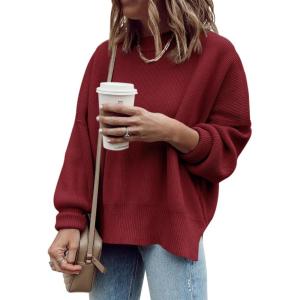 imageImily Bela Womens Oversized Tunic Sweaters Fall Slouchy Long Sleeve Ribbed Knit Side Slit Pullover JumperWine Red