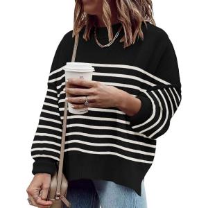 imageImily Bela Womens Oversized Tunic Sweaters Fall Slouchy Long Sleeve Ribbed Knit Side Slit Pullover JumperZ Striped Black