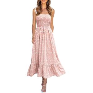 imageImily Bela Womens Summer Dress Tie Strap Boho Floral Beach Dress Square Neck Ruffle Sun Dresses A Line Smocked Maxi DressLpink