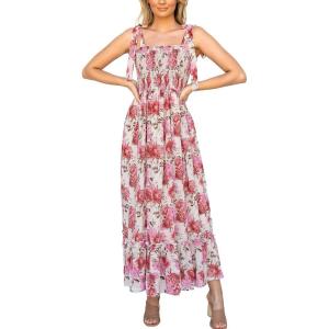 imageImily Bela Womens Summer Dress Tie Strap Boho Floral Beach Dress Square Neck Ruffle Sun Dresses A Line Smocked Maxi DressRed