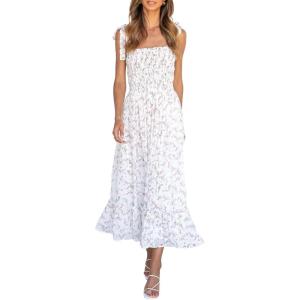 imageImily Bela Womens Summer Dress Tie Strap Boho Floral Beach Dress Square Neck Ruffle Sun Dresses A Line Smocked Maxi DressWhite
