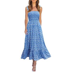 imageImily Bela Womens Summer Dress Tie Strap Boho Floral Beach Dress Square Neck Ruffle Sun Dresses A Line Smocked Maxi DressZblue