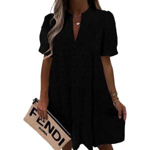 imageImily Bela Womens Summer Lace Dresses Eyelet Casual Flowy Babydoll Swing Short Sleeve V Neck Tunic DressBlack