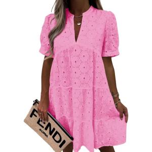 imageImily Bela Womens Summer Lace Dresses Eyelet Casual Flowy Babydoll Swing Short Sleeve V Neck Tunic DressBright Pink