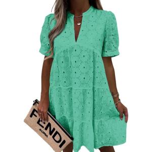 imageImily Bela Womens Summer Lace Dresses Eyelet Casual Flowy Babydoll Swing Short Sleeve V Neck Tunic DressGreen