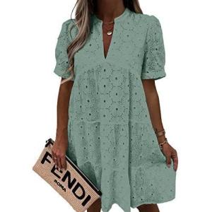 imageImily Bela Womens Summer Lace Dresses Eyelet Casual Flowy Babydoll Swing Short Sleeve V Neck Tunic DressLight Green1