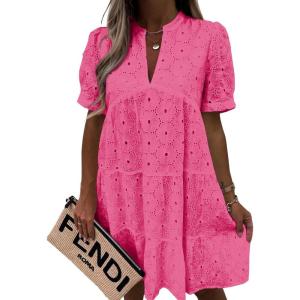 imageImily Bela Womens Summer Lace Dresses Eyelet Casual Flowy Babydoll Swing Short Sleeve V Neck Tunic DressRose Red