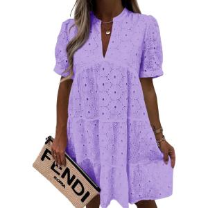 imageImily Bela Womens Summer Lace Dresses Eyelet Casual Flowy Babydoll Swing Short Sleeve V Neck Tunic DressViolet
