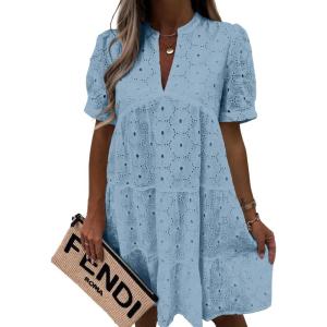 imageImily Bela Womens Summer Lace Dresses Eyelet Casual Flowy Babydoll Swing Short Sleeve V Neck Tunic DressWathet