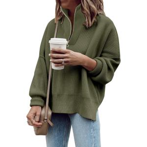 imageImily Bela Womens Tunic Sweater Fall Long Sleeve 14 Zip Pullover Sweaters Oversized Slouchy Ribbed Knit Sweatshirt with SlitArmy Green