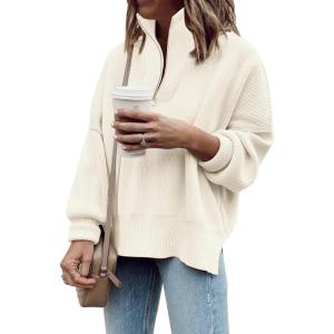 imageImily Bela Womens Tunic Sweater Fall Long Sleeve 14 Zip Pullover Sweaters Oversized Slouchy Ribbed Knit Sweatshirt with SlitBeige