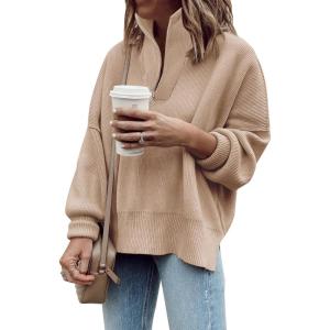 imageImily Bela Womens Tunic Sweater Fall Long Sleeve 14 Zip Pullover Sweaters Oversized Slouchy Ribbed Knit Sweatshirt with SlitKhaki