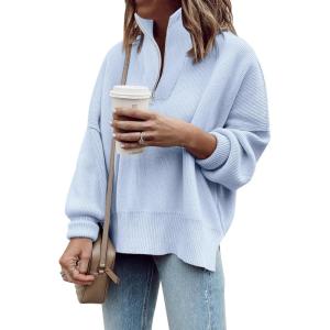 imageImily Bela Womens Tunic Sweater Fall Long Sleeve 14 Zip Pullover Sweaters Oversized Slouchy Ribbed Knit Sweatshirt with SlitLight Blue