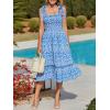 imageImily Bela Womens Summer Dress Tie Strap Boho Floral Square Neck Smocked Ruffle A Line Beach Maxi DressesBlue