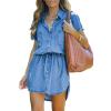 imageImily Bela Women Denim Dress Summer Short Sleeve Button Down Tie Waist Casual Jean Shirt Short DressesBlue