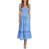 imageImily Bela Womens Summer Dress Tie Strap Boho Floral Square Neck Smocked Ruffle A Line Beach Maxi DressesBlue