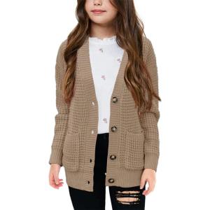imageImily Bela Girls Sweaters Kids Open Front Button Down Knit Cardigans with PocketsKhaki