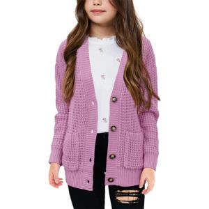 imageImily Bela Girls Sweaters Kids Open Front Button Down Knit Cardigans with PocketsPurple