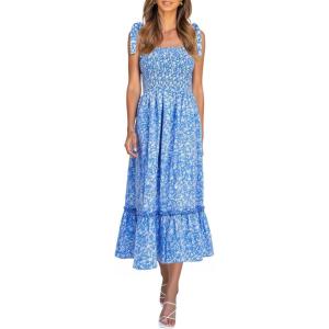 imageImily Bela Womens Summer Dress Tie Strap Boho Floral Square Neck Smocked Ruffle A Line Beach Maxi DressesBlue