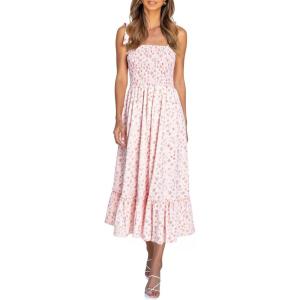 imageImily Bela Womens Summer Dress Tie Strap Boho Floral Square Neck Smocked Ruffle A Line Beach Maxi DressesPink