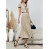 imageImily Bela Womens 2 Piece Sweater Outfits Sets Short Sleeve V Neck Crop Top Knit Midi Long Pleated Skirt DressesZbeige