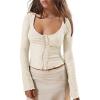 imageImily Bela Womens Long Sleeve Scoop Neck Tops Going Out Crop Tops Sexy Slim Fit Blouses Lace ShirtsApricot