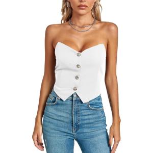 imageImily Bela Womens Corset Tops Cropped Going Out Strapless Shirred Back Button Down Bustier Bodyshaper