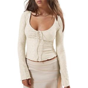 imageImily Bela Womens Long Sleeve Scoop Neck Tops Going Out Crop Tops Sexy Slim Fit Blouses Lace ShirtsApricot