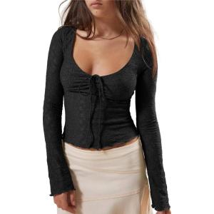 imageImily Bela Womens Long Sleeve Scoop Neck Tops Going Out Crop Tops Sexy Slim Fit Blouses Lace ShirtsBlack