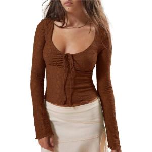 imageImily Bela Womens Long Sleeve Scoop Neck Tops Going Out Crop Tops Sexy Slim Fit Blouses Lace ShirtsBrick Red