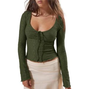 imageImily Bela Womens Long Sleeve Scoop Neck Tops Going Out Crop Tops Sexy Slim Fit Blouses Lace ShirtsGreen