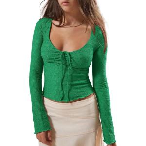 imageImily Bela Womens Long Sleeve Scoop Neck Tops Going Out Crop Tops Sexy Slim Fit Blouses Lace ShirtsLight Green