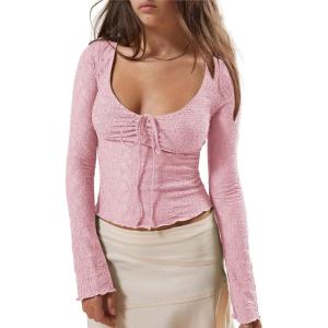 imageImily Bela Womens Long Sleeve Scoop Neck Tops Going Out Crop Tops Sexy Slim Fit Blouses Lace ShirtsPink