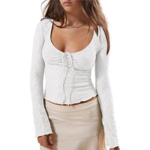 imageImily Bela Womens Long Sleeve Scoop Neck Tops Going Out Crop Tops Sexy Slim Fit Blouses Lace ShirtsWhitewith Lining