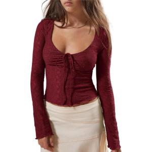 imageImily Bela Womens Long Sleeve Scoop Neck Tops Going Out Crop Tops Sexy Slim Fit Blouses Lace ShirtsWine Red