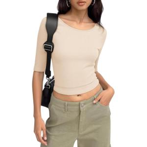imageImily Bela Womens Ribbed Knit Crewneck Crop Tops Basic Slim Fit T Shirts Half Sleeve 2025 Summer Trendy Y2k TeeBeige