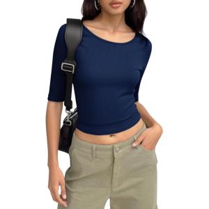 imageImily Bela Womens Ribbed Knit Crewneck Crop Tops Basic Slim Fit T Shirts Half Sleeve 2025 Summer Trendy Y2k TeeNavy