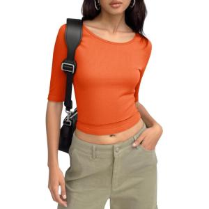 imageImily Bela Womens Ribbed Knit Crewneck Crop Tops Basic Slim Fit T Shirts Half Sleeve 2025 Summer Trendy Y2k TeeOrange