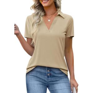 imageImily Bela Womens Short Sleeve Polo Shirts V Neck Business Dressy Casual Tops Summer Collared Trendy TeesApricot