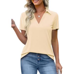 imageImily Bela Womens Short Sleeve Polo Shirts V Neck Business Dressy Casual Tops Summer Collared Trendy TeesBeige