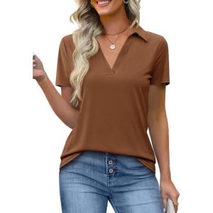 imageImily Bela Womens Short Sleeve Polo Shirts V Neck Business Dressy Casual Tops Summer Collared Trendy TeesBrown