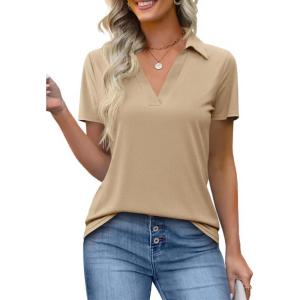 imageImily Bela Womens Short Sleeve Polo Shirts V Neck Business Dressy Casual Tops Summer Collared Trendy TeesKhaki