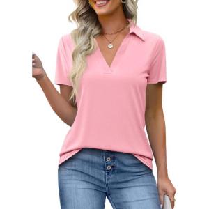 imageImily Bela Womens Short Sleeve Polo Shirts V Neck Business Dressy Casual Tops Summer Collared Trendy TeesPink