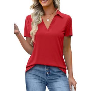 imageImily Bela Womens Short Sleeve Polo Shirts V Neck Business Dressy Casual Tops Summer Collared Trendy TeesRed