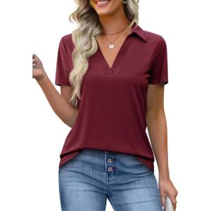 imageImily Bela Womens Short Sleeve Polo Shirts V Neck Business Dressy Casual Tops Summer Collared Trendy TeesWine Red